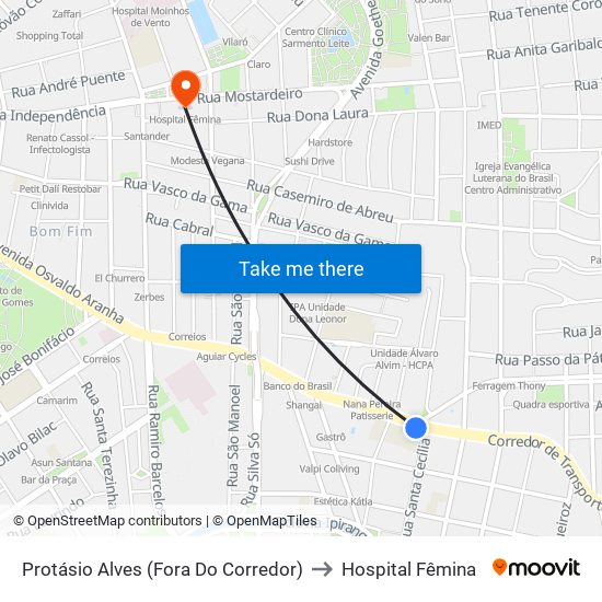 Protásio Alves (Fora Do Corredor) to Hospital Fêmina map