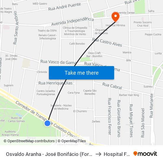 Osvaldo Aranha - José Bonifácio (Fora Do Corredor) to Hospital Fêmina map