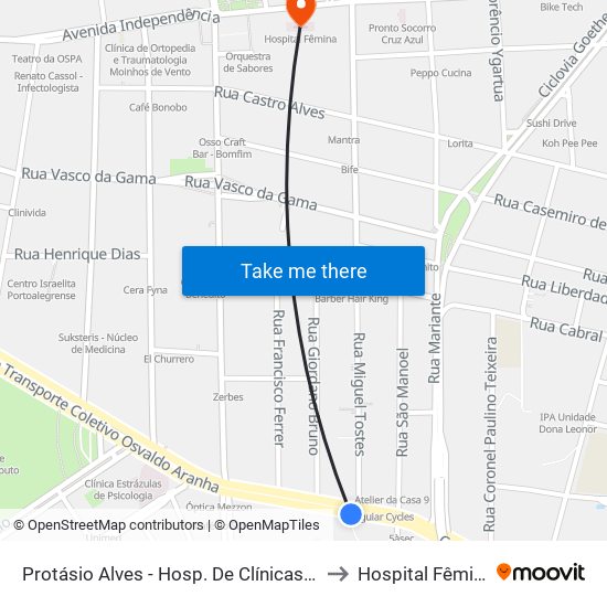 Protásio Alves - Hosp. De Clínicas Cb to Hospital Fêmina map