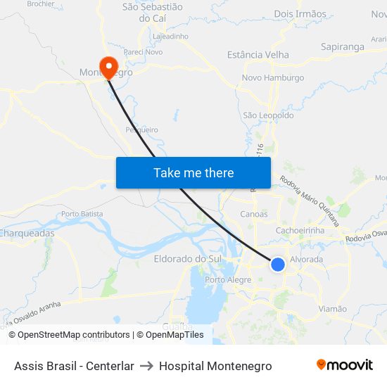 Assis Brasil - Centerlar to Hospital Montenegro map