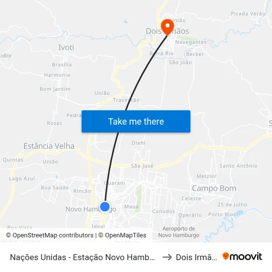 Nações Unidas - Estação Novo Hamburgo to Dois Irmãos map