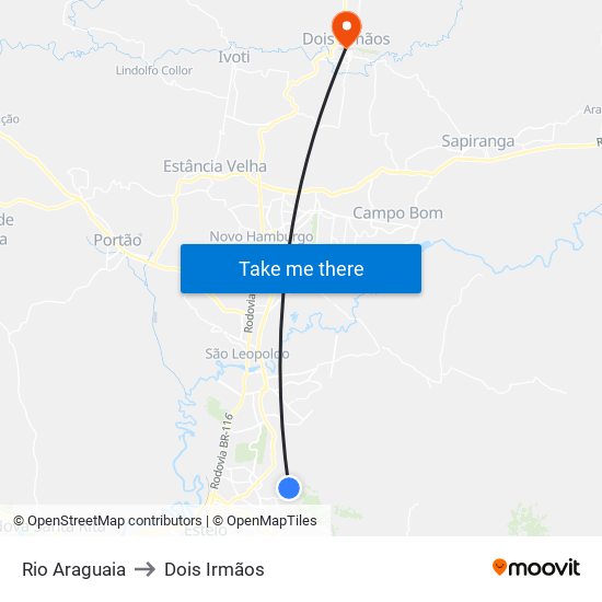 Rio Araguaia to Dois Irmãos map