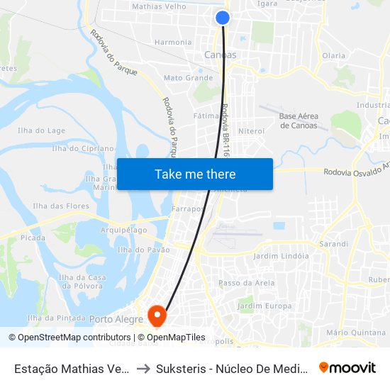 Estação Mathias Velho to Suksteris - Núcleo De Medicina map