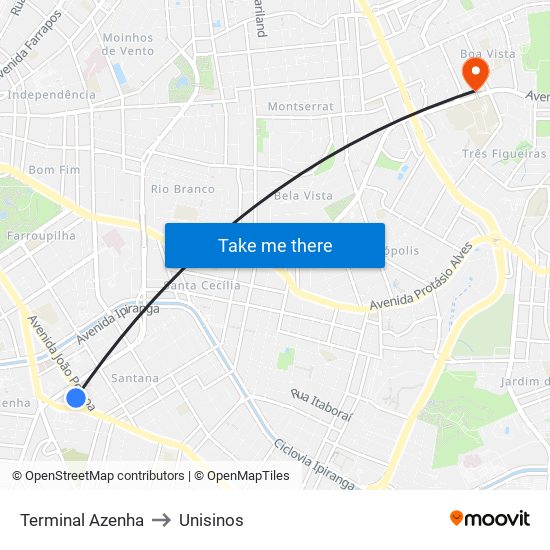 Terminal Azenha to Unisinos map