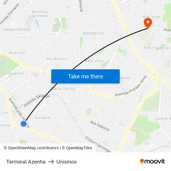 Terminal Azenha to Unisinos map