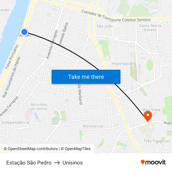 Estação São Pedro to Unisinos map