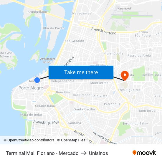 Terminal Mal. Floriano - Mercado to Unisinos map