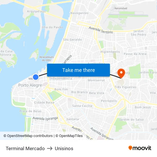 Terminal Mercado to Unisinos map