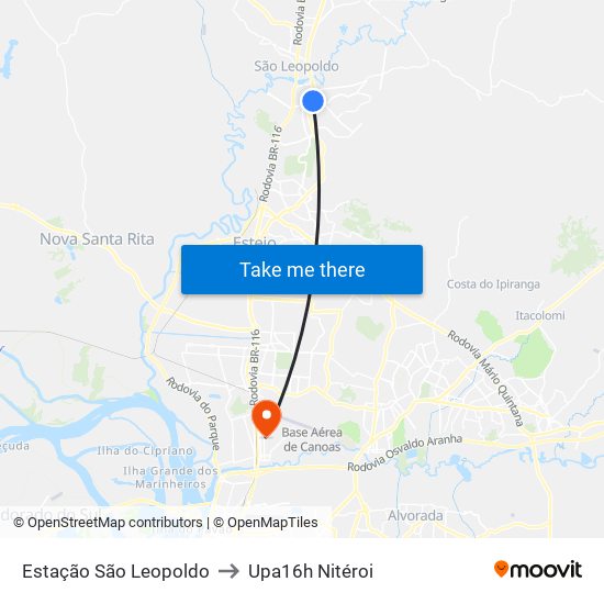 Estação São Leopoldo to Upa16h Nitéroi map