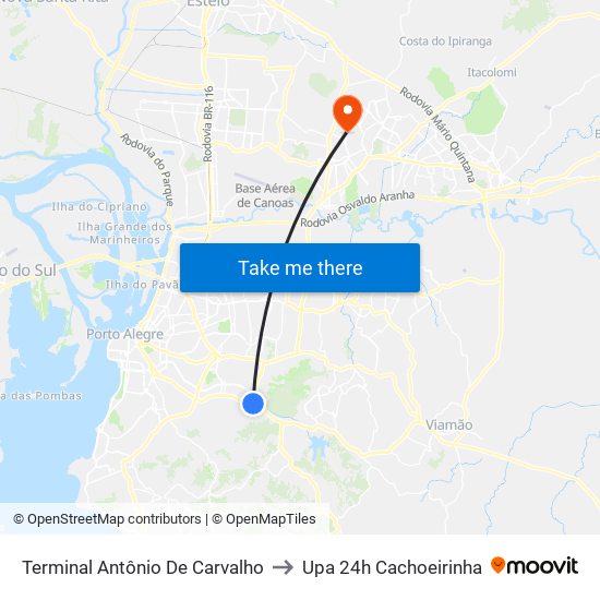 Terminal Antônio De Carvalho to Upa 24h Cachoeirinha map