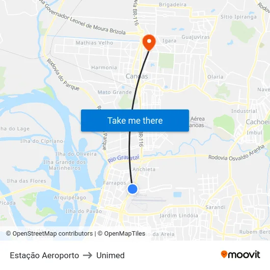 Estação Aeroporto to Unimed map