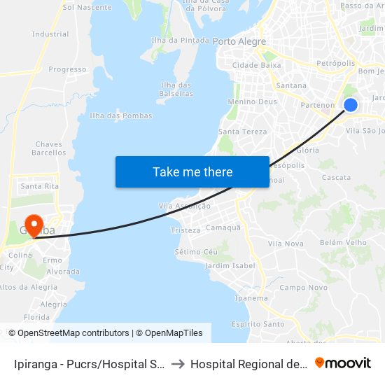 Ipiranga - Pucrs/Hospital São Lucas to Hospital Regional de Guaíba map