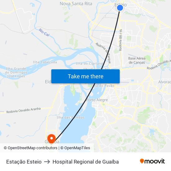 Estação Esteio to Hospital Regional de Guaíba map