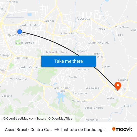 Assis Brasil - Centro Comercial [Centro] to Instituto de Cardiologia Hospital Viamão map