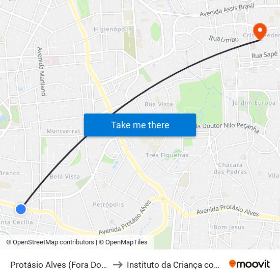 Protásio Alves (Fora Do Corredor) to Instituto da Criança com Diabetes map