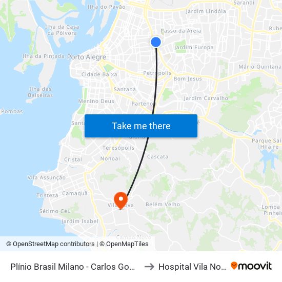 Plínio Brasil Milano - Carlos Gomes to Hospital Vila Nova map