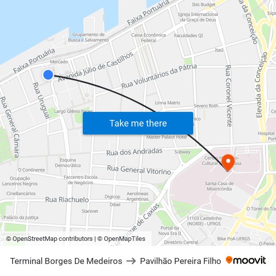 Terminal Borges De Medeiros to Pavilhão Pereira Filho map
