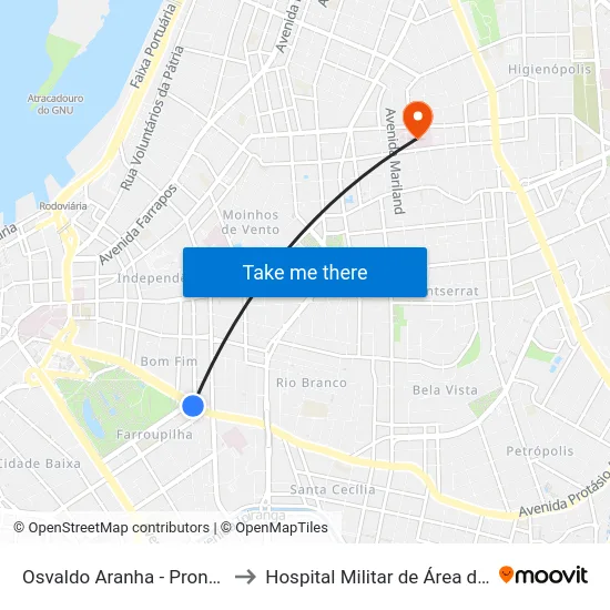 Osvaldo Aranha - Pronto Socorro Cb to Hospital Militar de Área de Porto Alegre map