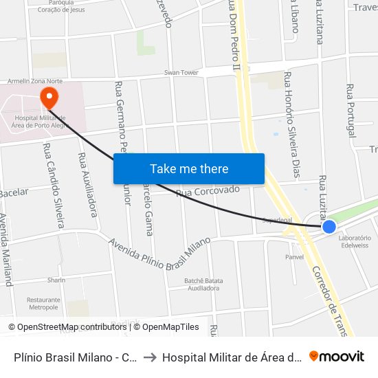 Plínio Brasil Milano - Carlos Gomes to Hospital Militar de Área de Porto Alegre map