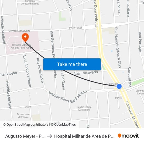 Augusto Meyer - Plínio Ns to Hospital Militar de Área de Porto Alegre map