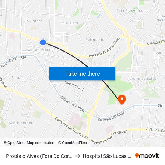 Protásio Alves (Fora Do Corredor) to Hospital São Lucas (HSL) map