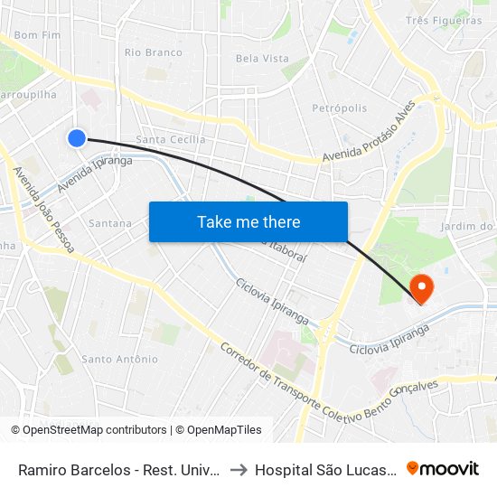 Ramiro Barcelos - Rest. Universitário to Hospital São Lucas (HSL) map