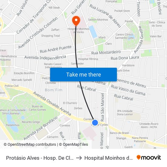 Protásio Alves - Hosp. De Clínicas Cb to Hospital Moinhos de Vento map