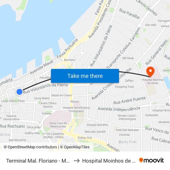 Terminal Mal. Floriano - Mercado to Hospital Moinhos de Vento map