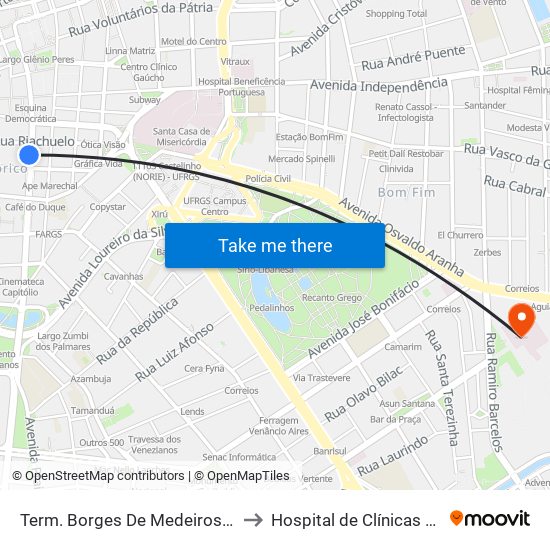 Term. Borges De Medeiros - Entre Riachuelo E Jerônimo to Hospital de Clínicas de Porto Alegre (HCPA) map