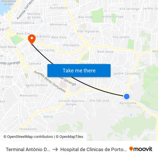 Terminal Antônio De Carvalho to Hospital de Clínicas de Porto Alegre (HCPA) map