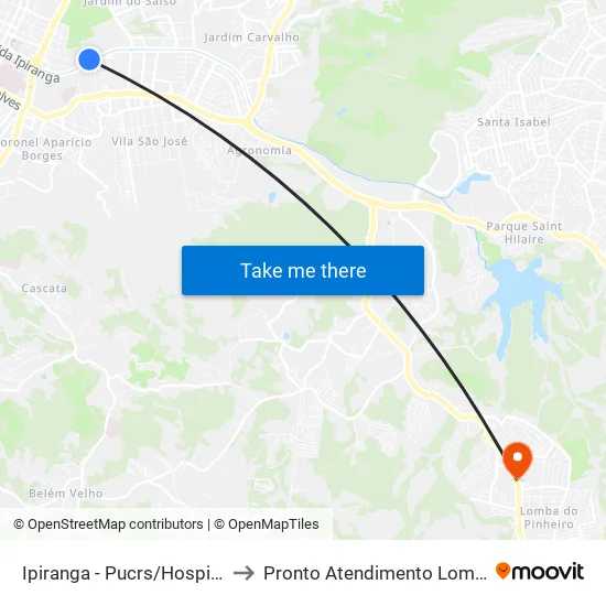Ipiranga - Pucrs/Hospital São Lucas to Pronto Atendimento Lomba do Pinheiro map