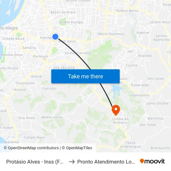 Protásio Alves - Inss (Fora Do Corredor) to Pronto Atendimento Lomba do Pinheiro map