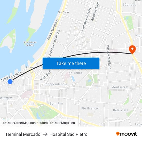 Terminal Mercado to Hospital São Pietro map