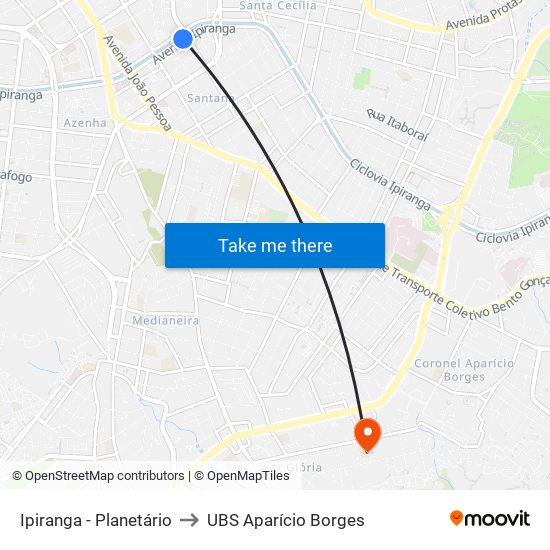 Ipiranga - Planetário to UBS Aparício Borges map