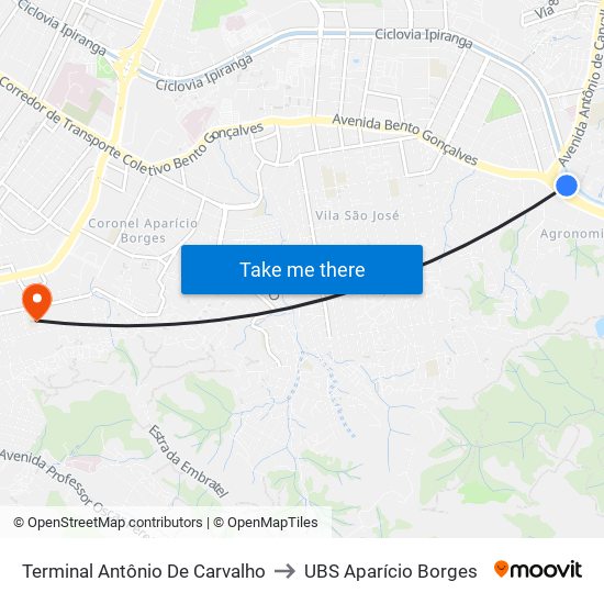 Terminal Antônio De Carvalho to UBS Aparício Borges map