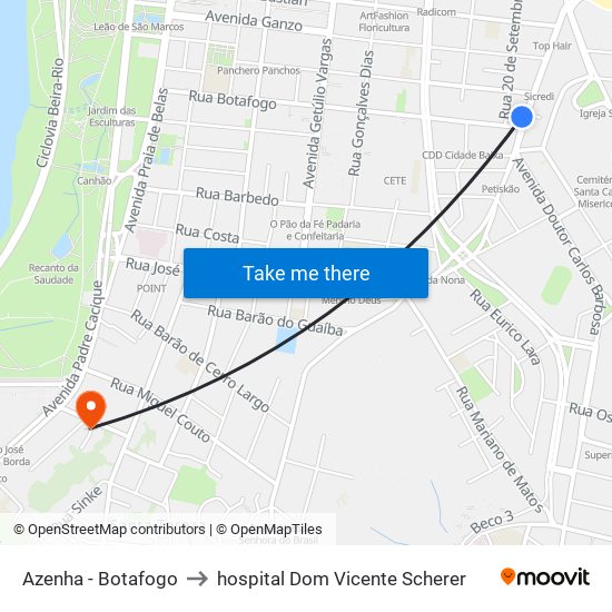 Azenha - Botafogo to hospital Dom Vicente Scherer map