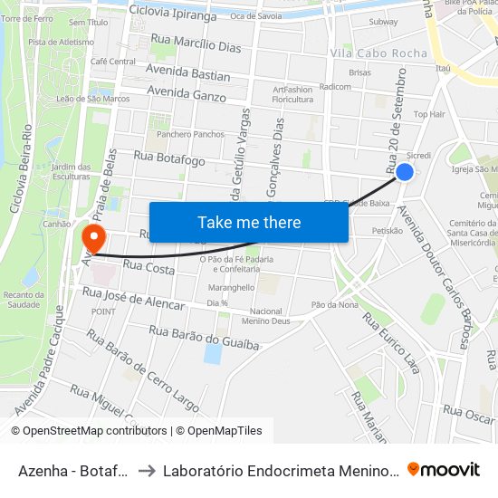 Azenha - Botafogo to Laboratório Endocrimeta Menino Deus map