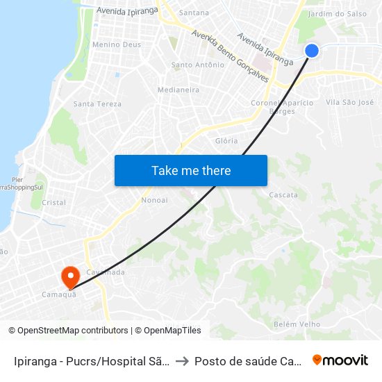 Ipiranga - Pucrs/Hospital São Lucas to Posto de saúde Camaquã map