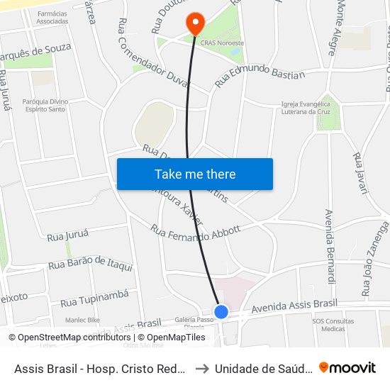 Assis Brasil - Hosp. Cristo Redentor (Fora Do Corredor) to Unidade de Saúde Vila Floresta map