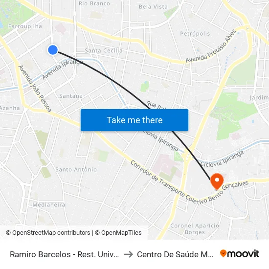 Ramiro Barcelos - Rest. Universitário to Centro De Saúde Murialdo map