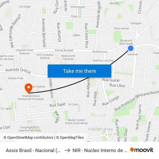 Assis Brasil - Nacional (Fora Do Corredor) to NIR - Nucleo Interno de Regulacao / hnsc map