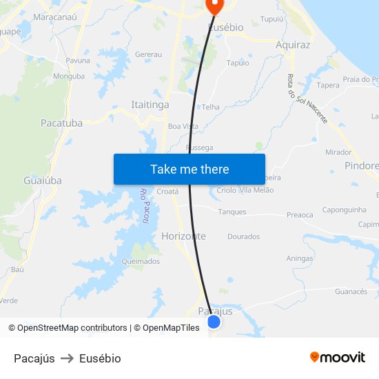 Pacajús to Eusébio map