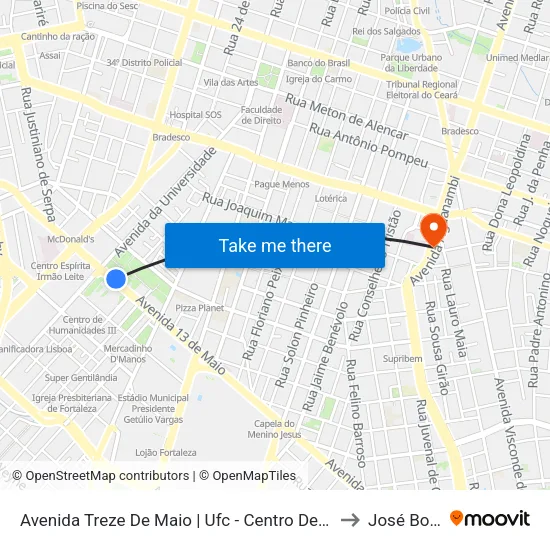 Avenida Treze De Maio | Ufc - Centro De Humanidades - Benfica to José Bonifácio map