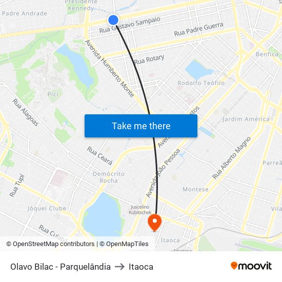 Olavo Bilac - Parquelândia to Itaoca map