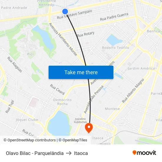 Olavo Bilac - Parquelândia to Itaoca map