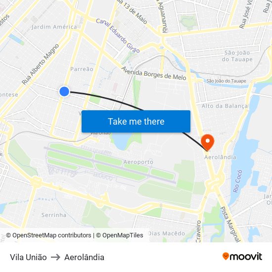 Vila União to Aerolândia map