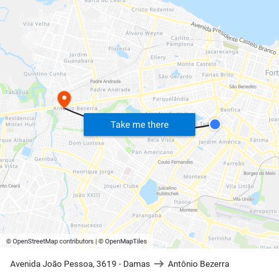 Avenida João Pessoa, 3619 - Damas to Antônio Bezerra map