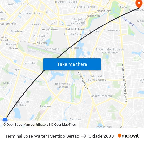 Terminal José Walter | Sentido Sertão to Cidade 2000 map