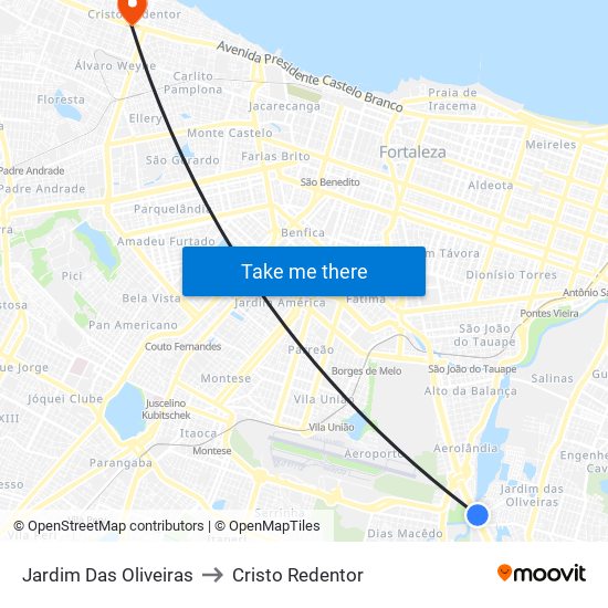 Jardim Das Oliveiras to Cristo Redentor map