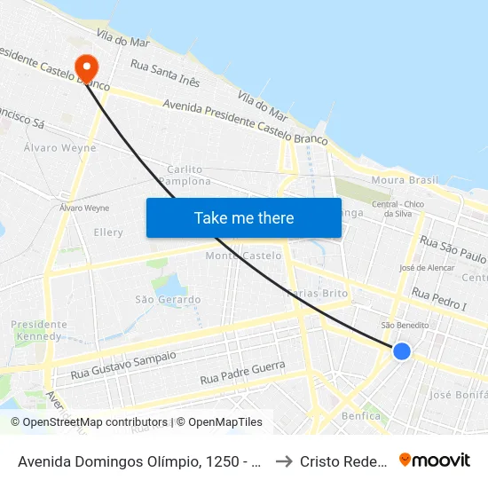 Avenida Domingos Olímpio, 1250 - Benfica to Cristo Redentor map